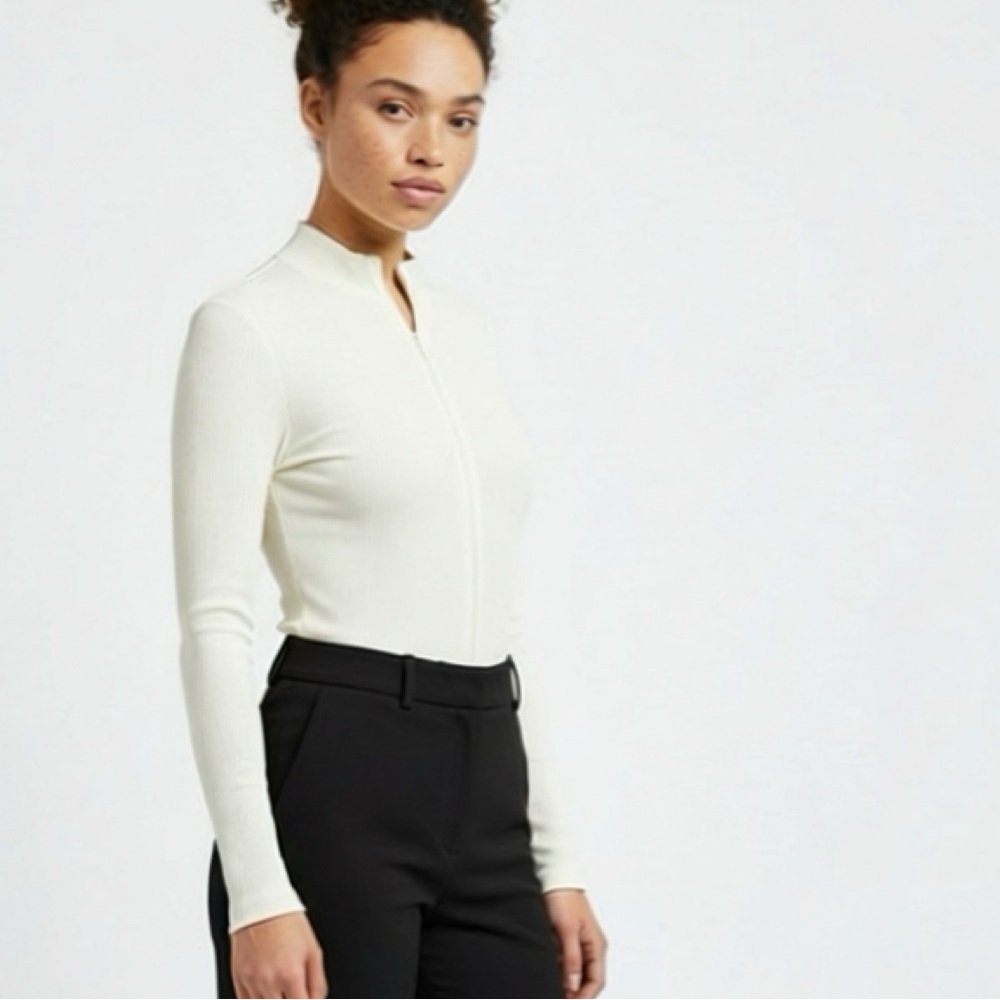 Abercrombie & Fitch Ribbed Long-Sleeve Zip-Up Bodysuit — Cream
